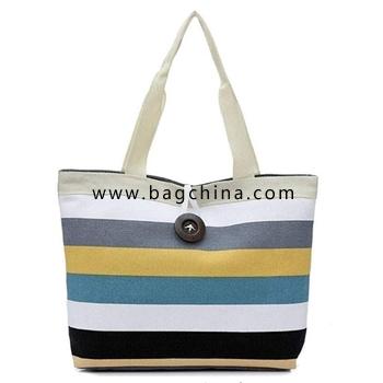 Simple Colored Stripe Canvas Tote Bag Women Shoulder Handbag Large Shopping Bag 