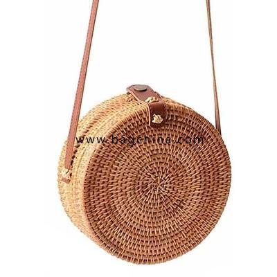 Handwoven Rattan Bag Tropical Beach Style Woven Shoulder Rattan Bag with Leather Strap