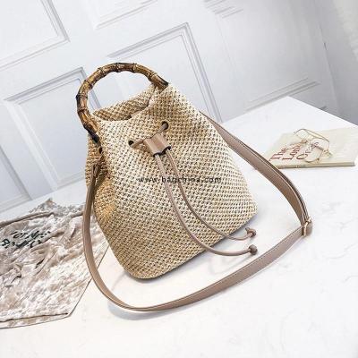 Drawstring Womens Straw Bucket Bag Summer Woven Shoulder Bags Shopping Purse Beach Handbag Straw Handbags Travel Bag